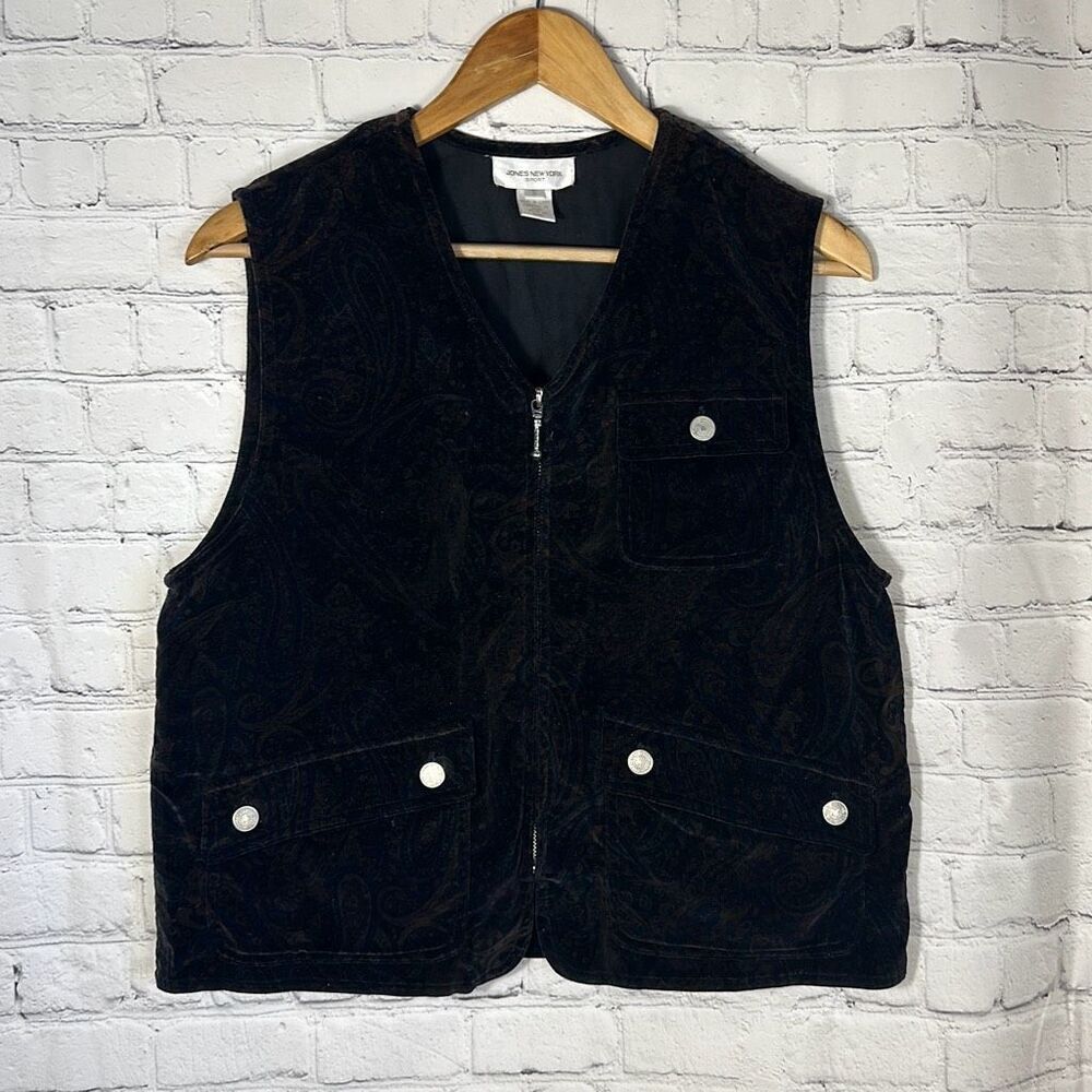 JONES NEW YORK Sport Velvet Paisley Full Zip Vest size S Small‎ 2 Front Pockets